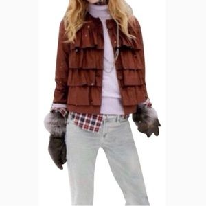 J Crew 100% silk ruffle cascade jacket in rust, size 10